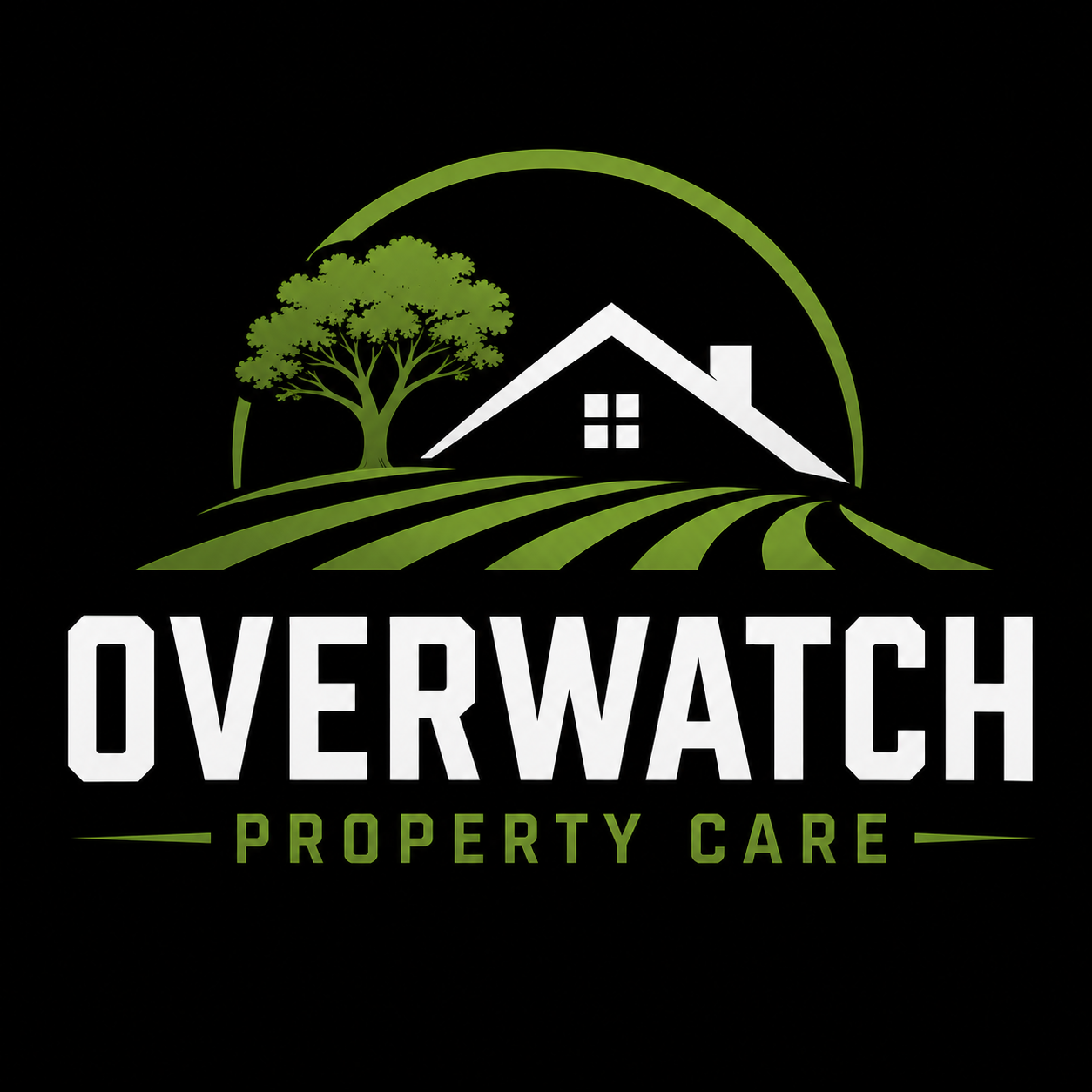 Overwatch Property Care logo: a tree, house, and mowed lawn